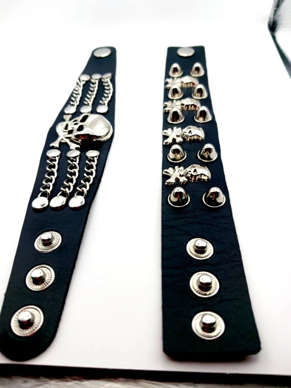 Gothic Skull + Crossbones Rivets Chain Vegan Leather Bracelets Lot Of 2 New